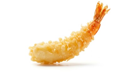 Naklejka premium Crispy tempura shrimp with a goldenbrown batter visible tail fins stands against a stark white background
