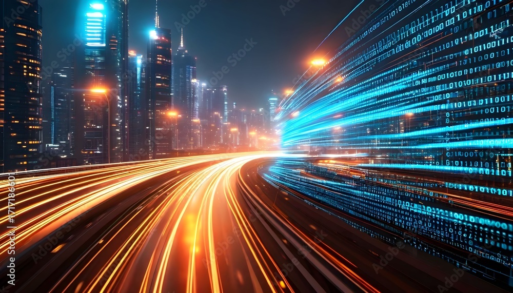 Poster futuristic cityscape with streaks of light representing data flow and high-speed transport.