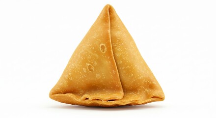 Fried golden brown samosa standing upright on a stark white surface
