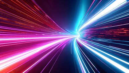 Abstract tunnel of light streaks in blue and red, suggesting speed and data flow.