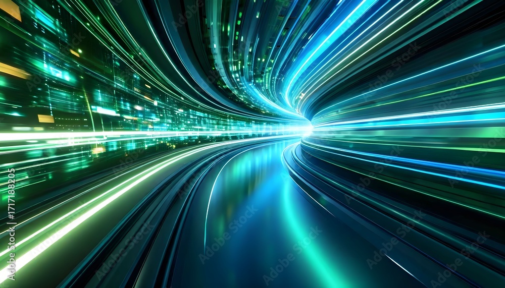 Poster futuristic high-speed light trails moving through an abstract digital data tunnel with green and blu