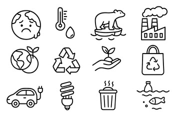 Environmental icons set. Climate change, pollution, sustainability concepts. Vector line art illustration. Ecology, global warming, recycling, green energy, conservation symbols.