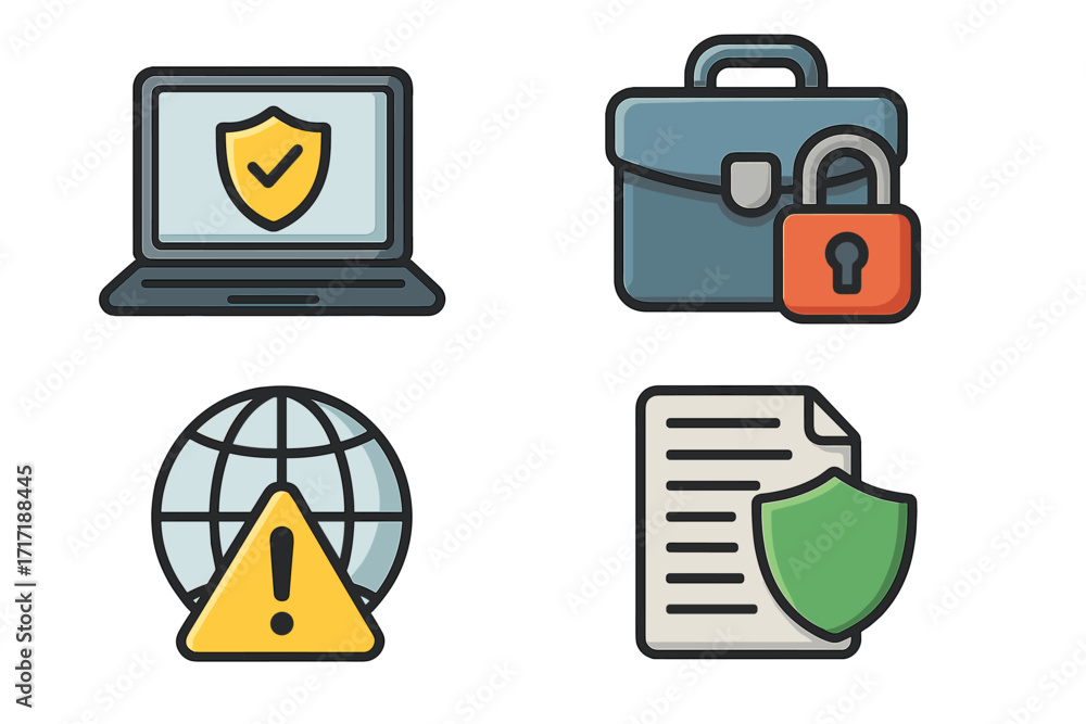 Poster cyber security icon set. business data protection concept. vector cartoon illustrations of computer 
