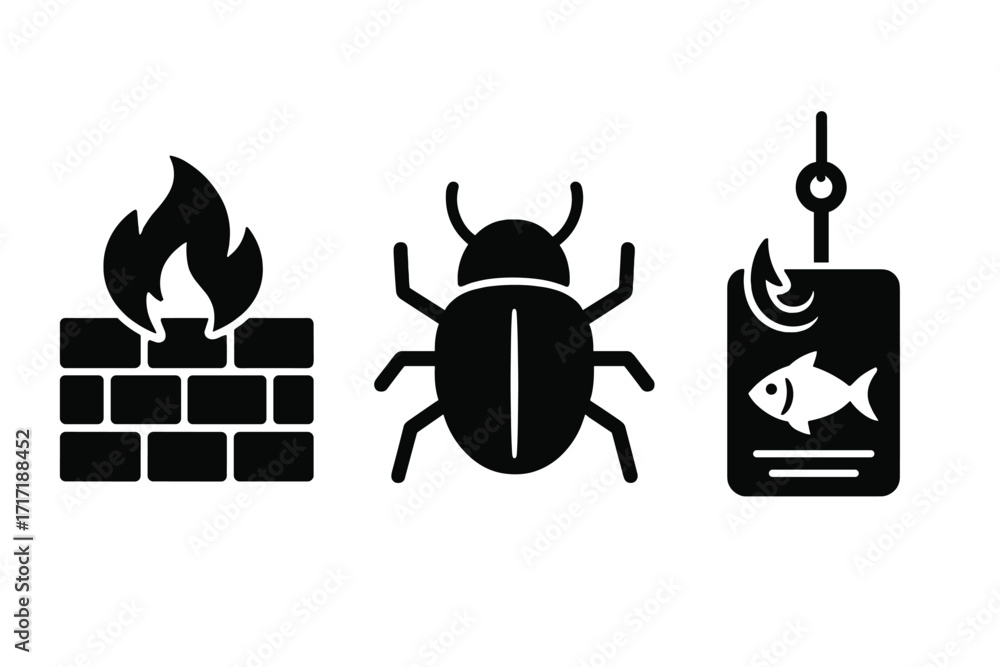 Poster cybersecurity icon set with firewall, bug, and phishing hook. vector symbols for network protection,
