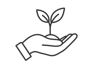 Hand with leaf plant sprout. Vector thin line icon. Sustainability, environment, ecology, growth concept. Bio organic product symbol. Nature care illustration for green ideas.
