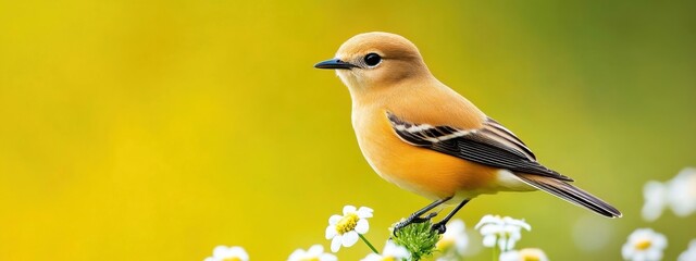 Beautiful yellow bird perched on white flowers in a vibrant background