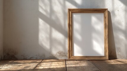 An empty wooden picture frame on a rustic wall, evoking warmth and simplicity in a cozy interior.