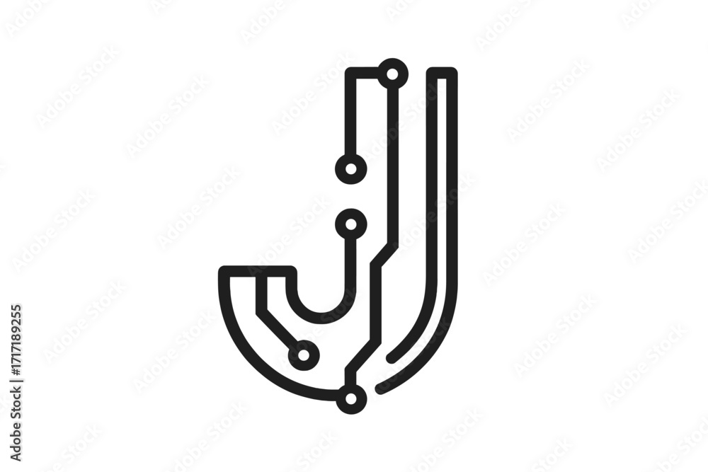 Poster letter j logo icon. minimalist line art vector design. technology, digital interfaces, and hardware 