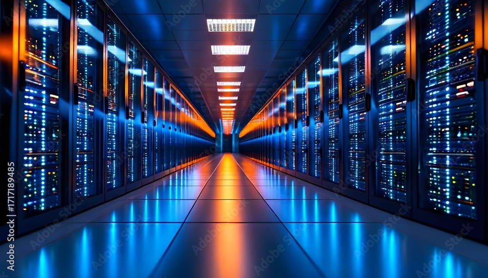 Poster a futuristic data center with rows of glowing servers illuminated by blue and orange lights, creatin