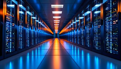 A futuristic data center with rows of glowing servers illuminated by blue and orange lights, creating a sense of advanced technology and digital infrastructure.