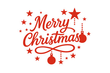 Merry Christmas calligraphic hand written text. Happy Xmas greeting card vector design. Festive holiday typography with red stars and hanging christmas ball decoration.