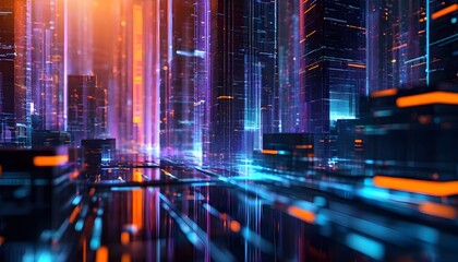Fototapeta premium Neon cityscape, digital architecture, glowing lines, vibrant colors, futuristic city.