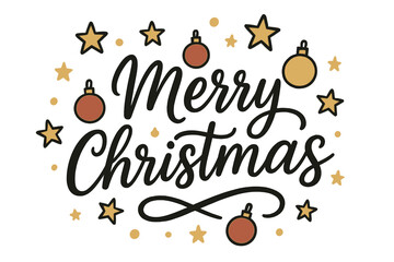 Merry Christmas handwritten calligraphy lettering. Vector holiday greeting quote with gold stars and decoration balls. Festive Xmas typography illustration for card, banner or poster.