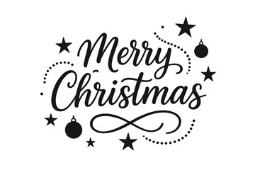 Merry Christmas calligraphic lettering. Handwritten script text for holiday greeting card. Festive Xmas typography design with stars and balls. Black and white vector illustration.