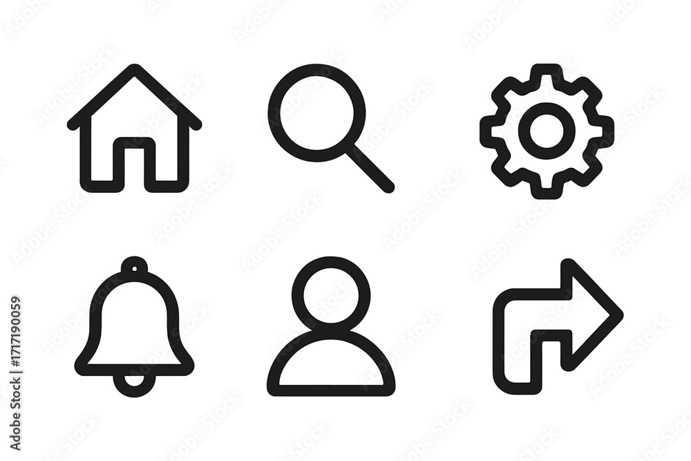 Poster ui ux icon set for web and app interface. vector kit with home, search, settings, notification bell,