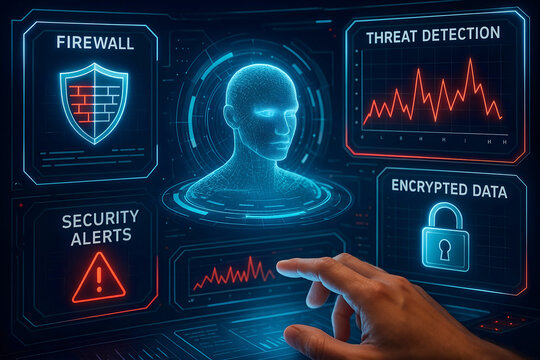 Cybersecurity interface with threat detection and AI hologram