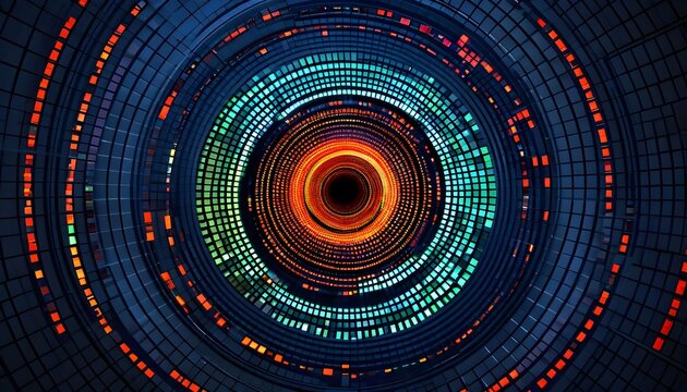 Abstract digital data vortex with glowing orange core and concentric rings of blue and green light patterns, representing technology and information flow.