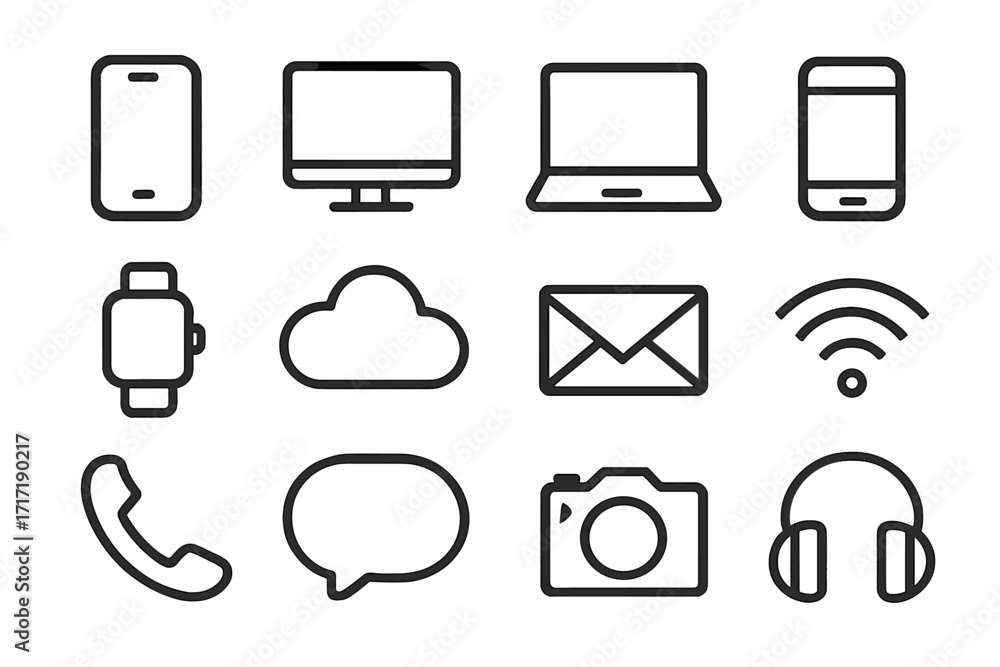 Poster technology and communication icon set. minimalist black linear icons for web and mobile. vector symb