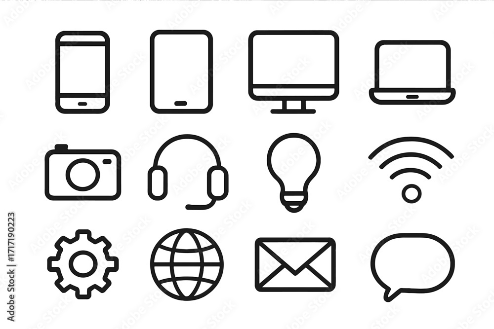 Poster technology and communication minimalist icon set. black linear vector symbols for web design, ui, ap