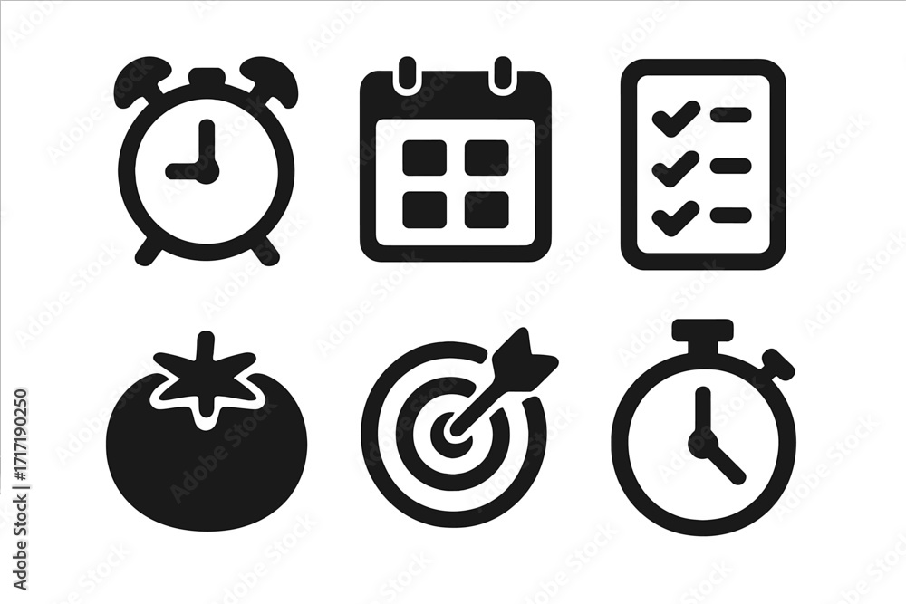 Poster time management icon set for productivity. pomodoro technique tomato timer. vector goal setting conc