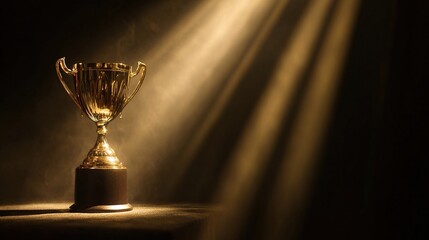 A gleaming gold trophy sits on a velvet stand, radiating achievement and prestige.