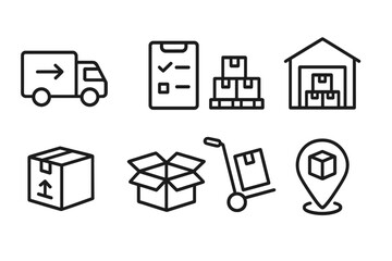 Logistics and shipping line icon set. Warehouse, delivery truck, package tracking, and inventory management concepts. Vector symbols for supply chain and distribution service.