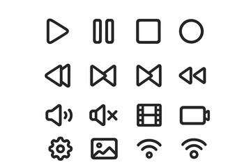 Minimalist media icons set for digital interfaces, vector cartoon illustration with transparent background, play, pause, stop, volume, settings, wifi, video, photo, control buttons collection