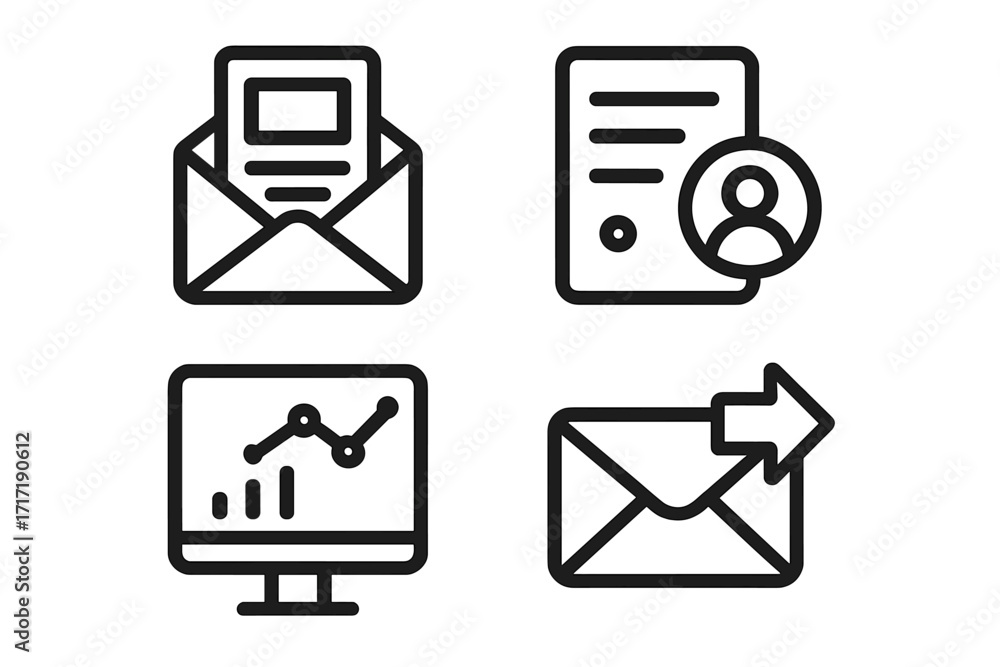 Poster email marketing icon set. minimalist line art for newsletter campaign, subscriber list, and data ana