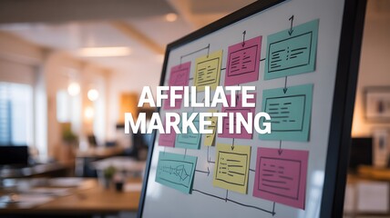 Affiliate marketing strategy visualized with sticky notes on whiteboard in modern office, perfect for planning, brainstorming, and growth strategies