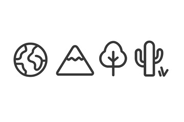 Minimalist nature icon set. Simple line art symbols of earth, mountain, tree, and cactus. Vector illustration for ecology, environment, and travel concepts. Clean design.