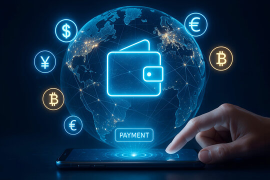 Digital wallet and global currency symbols on futuristic globe