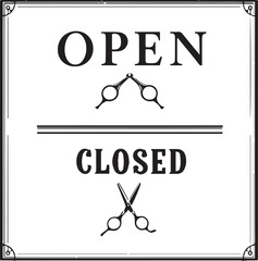 Salon Open and Closed Sign Vector Featuring Barber Scissors and Decorative Frame for Shop Status and Hair Business Themes