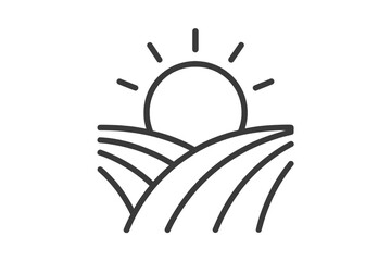 Thin line outline icon of sun rising or setting over rural field, nature landscape, farm scenery, countryside view, agricultural farmland vector illustration