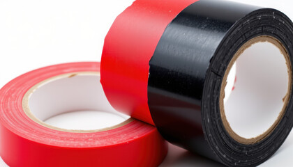 Red and Black Adhesive Tape Rolls Plain Background