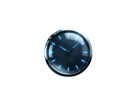 A modern, sleek wristwatch with a dark dial and blue luminous accents, isolated on a transparent background. 