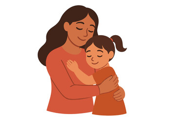 Loving mother hugging daughter tenderly, happy Mother's Day vector illustration, caring woman embracing little girl, family love, motherhood celebration, warm affectionate moment