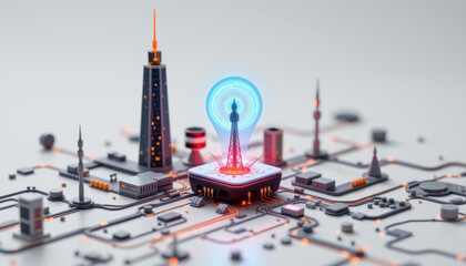 Futuristic Hightech Cityscape with Wireless Signal
