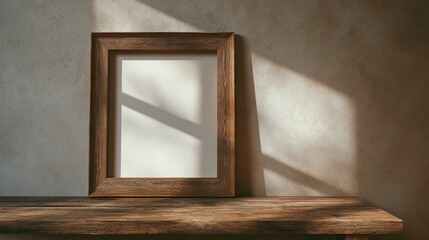 An empty wooden picture frame on a rustic wall, evoking warmth and simplicity in a cozy interior.