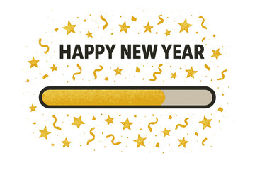 Happy New Year loading. Progress bar with golden glitter for new year's eve. Festive holiday countdown screen concept. Celebration vector illustration with stars and confetti.