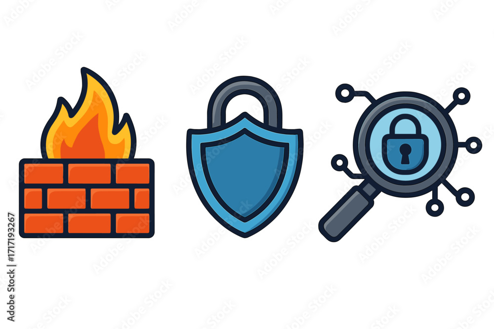 Poster cybersecurity icon set for web and apps. firewall, shield protection, network security analysis conc