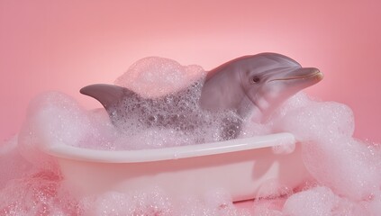 Fototapeta premium Cute Dolphin Sitting in Bathtub Full of Foam Against Pink Background, Playful and Adorable Scene