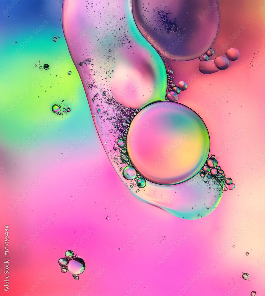 Poster a vibrant macro abstract of oil and water creating stunning iridescent bubbles and fluid forms in a 