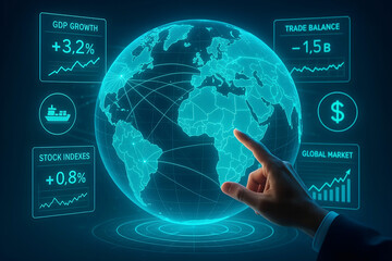 Hand touching futuristic globe with financial data displays