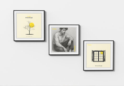 Three Square Frames Interior Mockup PSD