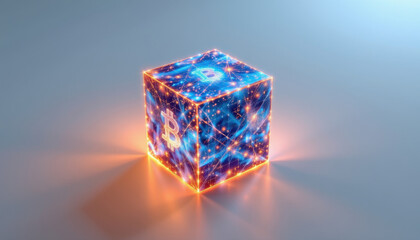 Futuristic Digital Cube with Blockchain Symbols and Technology Glow