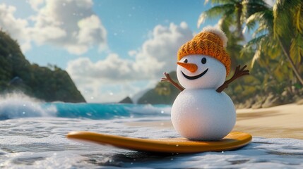 Obraz premium Funny Snowman on Surfboard at Sunny Tropical Beach With Palm Trees Clear Sky