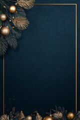 Dark Blue Christmas Frame with Gold Border, Golden Pine Branches, Green Spruce Leaves, and Gold Ornaments