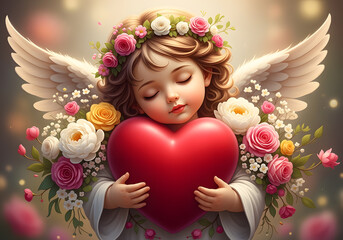 Fototapeta premium Little angel is holding a red heart. The heart is surrounded by flowers, and the angel is resting her head on it. Concept of love and tenderness