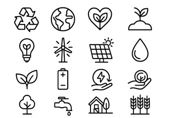 Ecology, green energy and agriculture vector icon set. Sustainability and environmental conservation concept. Renewable resources icons like solar panel, wind turbine and recycle symbol.