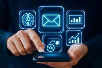 Person using smartphone with AI and data analysis icons